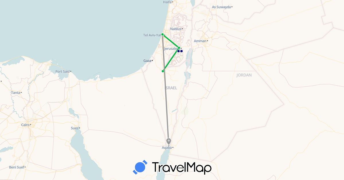 TravelMap itinerary: driving, bus, plane in Israel, Palestinian Territories (Asia)