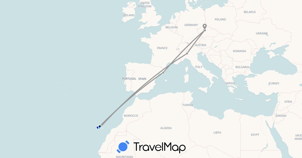 TravelMap itinerary: driving, bus, plane, boat in Czech Republic, Spain, Italy (Europe)